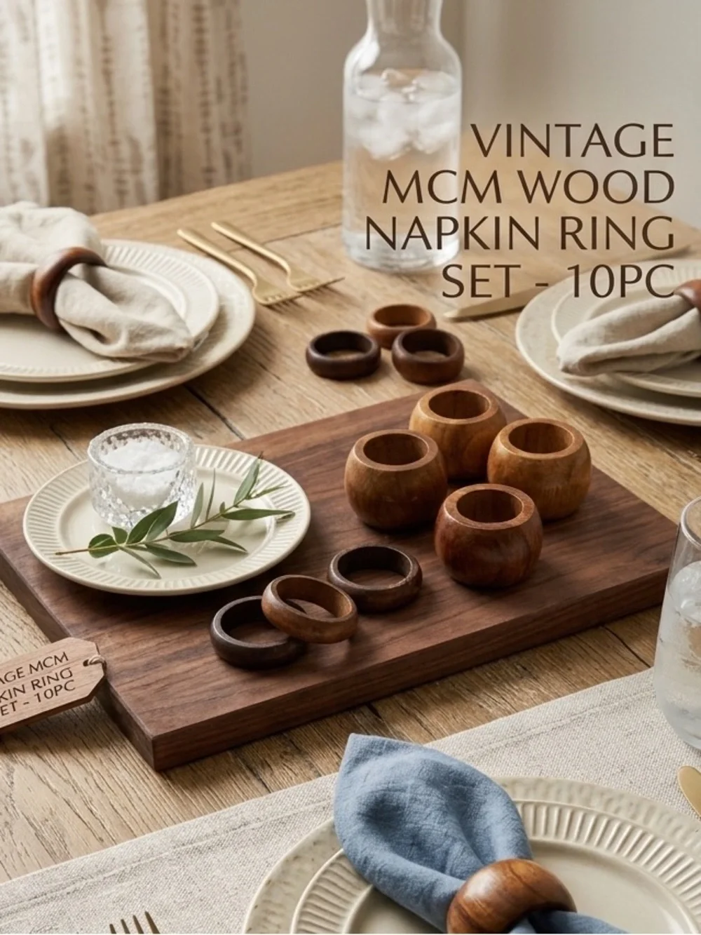 Vintage Mid-Century Modern Wooden Napkin Ring Set - 10 Piece